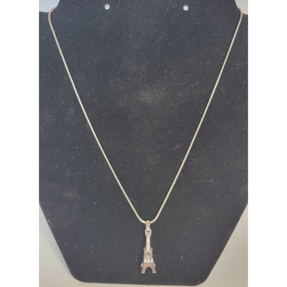 Eiffel Tower Paris Charm Pendant Necklace 16" with 2" extender clear rhinestones